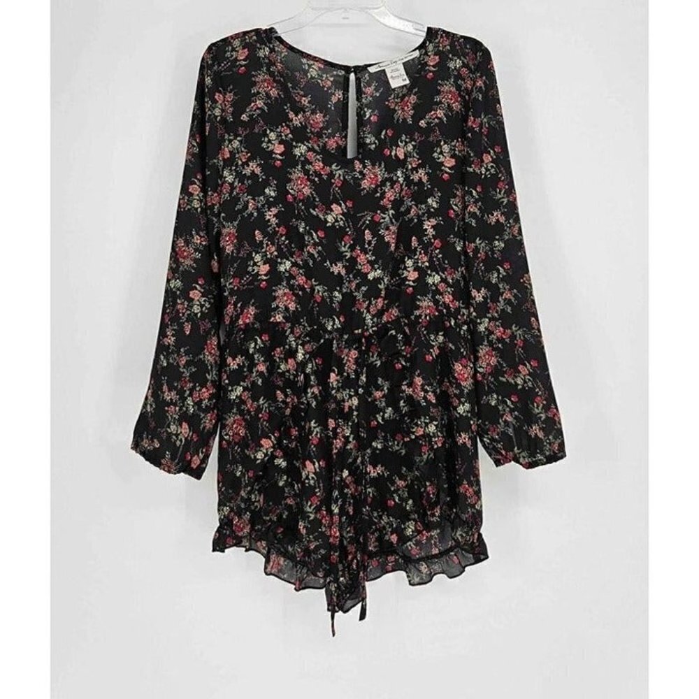 American Rag Black Floral Print Long Sleeve Drawstring Waist Romper Medium